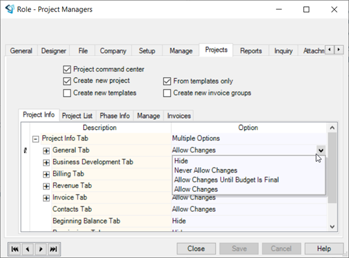 Ajera Project Command Center, Security Settings